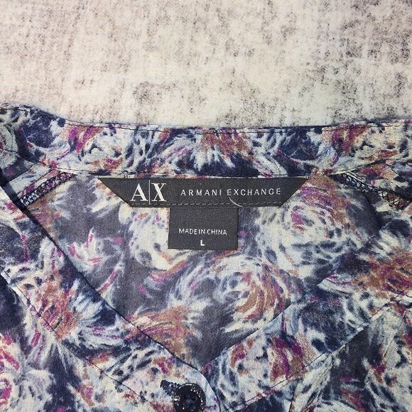 Armani Exchange Silk Top Womens Large Blue Artsy Split Sleeve Blouse Career Work - Picture 3 of 9